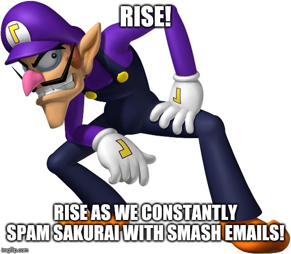 Waluigi | RISE! RISE AS WE CONSTANTLY SPAM SAKURAI WITH SMASH EMAILS! | image tagged in waluigi | made w/ Imgflip meme maker