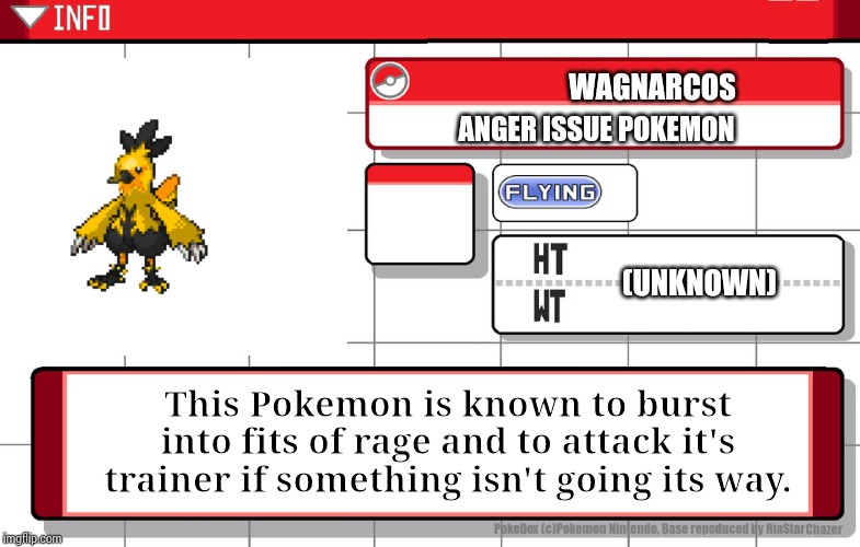 Made by me and fused by me | WAGNARCOS; ANGER ISSUE POKEMON; (UNKNOWN); This Pokemon is known to burst into fits of rage and to attack it's trainer if something isn't going its way. | image tagged in imgflip username pokedex | made w/ Imgflip meme maker