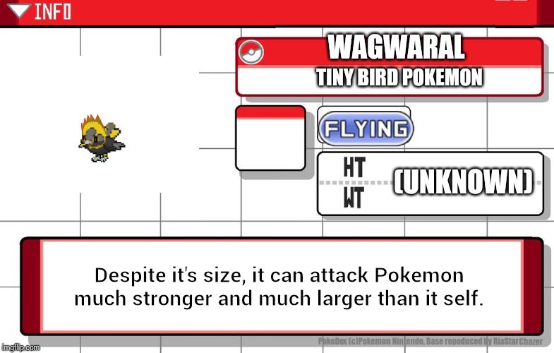 Made by me and fused by me | WAGWARAL; TINY BIRD POKEMON; (UNKNOWN); Despite it's size, it can attack Pokemon much stronger and much larger than it self. | image tagged in imgflip username pokedex | made w/ Imgflip meme maker