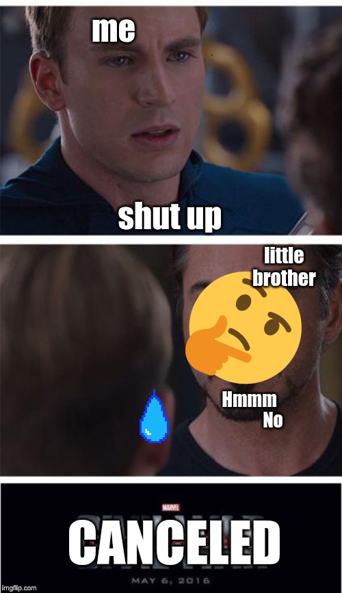 Marvel Civil War 1 Meme | me; shut up; little brother; Hmmm               No; CANCELED | image tagged in memes,marvel civil war 1 | made w/ Imgflip meme maker