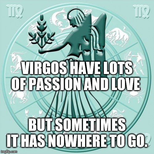 virgo | VIRGOS HAVE LOTS OF PASSION AND LOVE; BUT SOMETIMES IT HAS NOWHERE TO GO. | image tagged in virgo | made w/ Imgflip meme maker