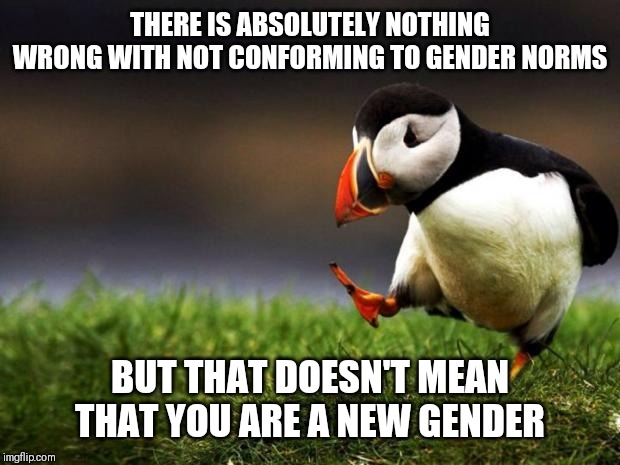 Unpopular Opinion Puffin Meme | THERE IS ABSOLUTELY NOTHING WRONG WITH NOT CONFORMING TO GENDER NORMS; BUT THAT DOESN'T MEAN THAT YOU ARE A NEW GENDER | image tagged in memes,unpopular opinion puffin | made w/ Imgflip meme maker