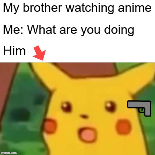 Surprised Pikachu | My brother watching anime; Me: What are you doing; Him | image tagged in memes,surprised pikachu | made w/ Imgflip meme maker
