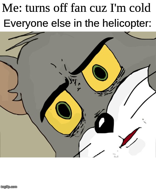 Unsettled Tom Meme | Me: turns off fan cuz I'm cold; Everyone else in the helicopter: | image tagged in memes,unsettled tom | made w/ Imgflip meme maker