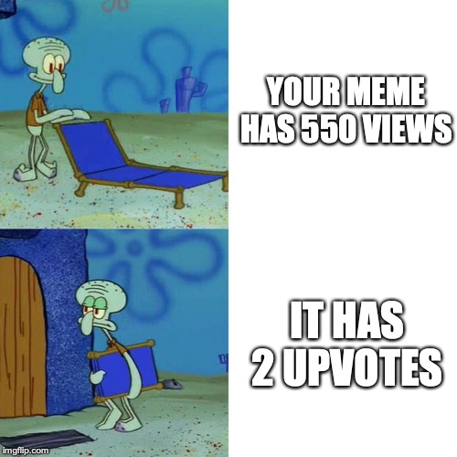 Squidward chair | YOUR MEME HAS 550 VIEWS; IT HAS 2 UPVOTES | image tagged in squidward chair | made w/ Imgflip meme maker