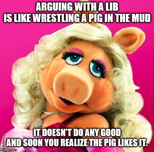 Miss Piggy | ARGUING WITH A LIB
IS LIKE WRESTLING A PIG IN THE MUD; IT DOESN'T DO ANY GOOD
AND SOON YOU REALIZE THE PIG LIKES IT. | image tagged in miss piggy | made w/ Imgflip meme maker