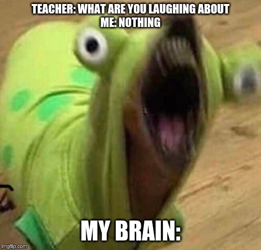 TEACHER: WHAT ARE YOU LAUGHING ABOUT
ME: NOTHING; MY BRAIN: | image tagged in bruh | made w/ Imgflip meme maker