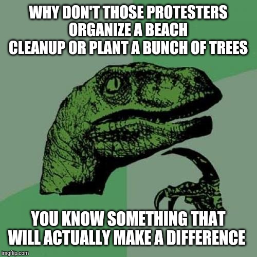 Philosoraptor Meme | WHY DON'T THOSE PROTESTERS ORGANIZE A BEACH CLEANUP OR PLANT A BUNCH OF TREES YOU KNOW SOMETHING THAT WILL ACTUALLY MAKE A DIFFERENCE | image tagged in memes,philosoraptor | made w/ Imgflip meme maker