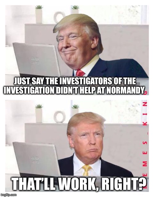 Hide The Pain Donald Trump | JUST SAY THE INVESTIGATORS OF THE INVESTIGATION DIDN’T HELP AT NORMANDY THAT’LL WORK, RIGHT? | image tagged in hide the pain donald trump | made w/ Imgflip meme maker