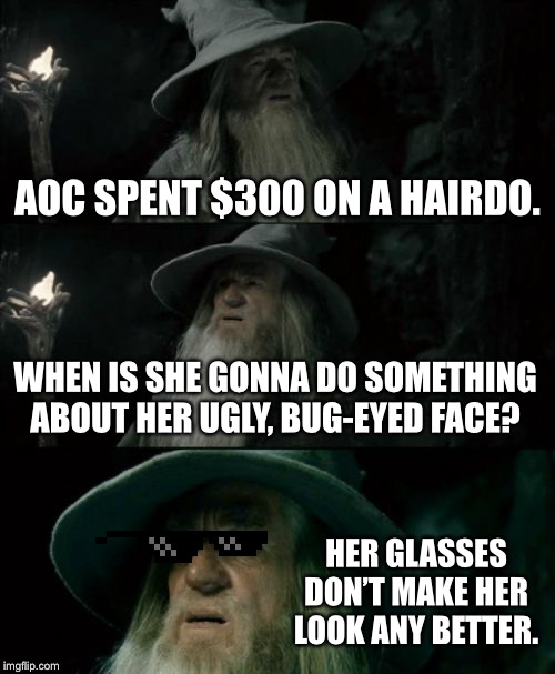 AOC should spend some money on contact lenses, not so much the hair. | AOC SPENT $300 ON A HAIRDO. WHEN IS SHE GONNA DO SOMETHING ABOUT HER UGLY, BUG-EYED FACE? HER GLASSES DON’T MAKE HER LOOK ANY BETTER. | image tagged in memes,confused gandalf,alexandria ocasio-cortez,hair,money,look | made w/ Imgflip meme maker