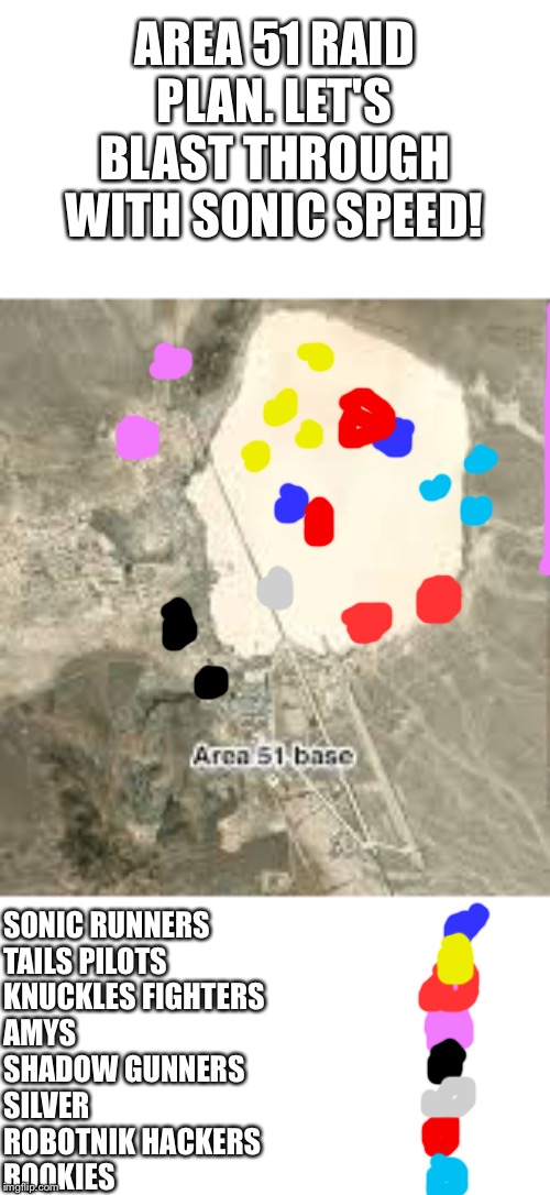 Let's Raid This Place With Sonic Speed! | AREA 51 RAID PLAN. LET'S BLAST THROUGH WITH SONIC SPEED! SONIC RUNNERS
TAILS PILOTS
KNUCKLES FIGHTERS
AMYS
SHADOW GUNNERS
SILVER
ROBOTNIK HACKERS
ROOKIES | image tagged in storm area 51,sonic the hedgehog,plan,area 51,see them aliens | made w/ Imgflip meme maker