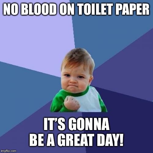 Success Kid | NO BLOOD ON TOILET PAPER; IT’S GONNA BE A GREAT DAY! | image tagged in memes,success kid | made w/ Imgflip meme maker