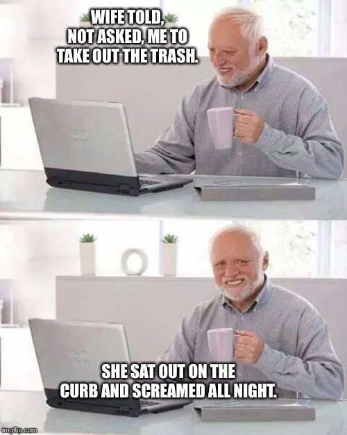 Hide the Pain Harold | WIFE TOLD, NOT ASKED, ME TO TAKE OUT THE TRASH. SHE SAT OUT ON THE CURB AND SCREAMED ALL NIGHT. | image tagged in memes,hide the pain harold | made w/ Imgflip meme maker