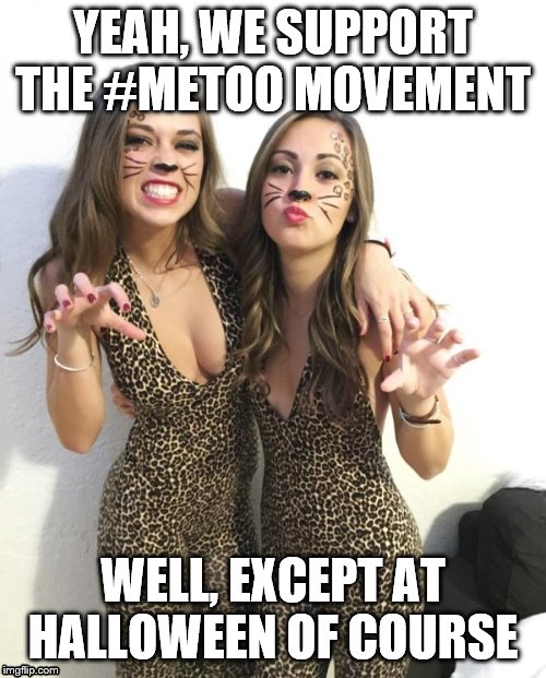 two cat girls | YEAH, WE SUPPORT THE #METOO MOVEMENT; WELL, EXCEPT AT HALLOWEEN OF COURSE | image tagged in two cat girls | made w/ Imgflip meme maker