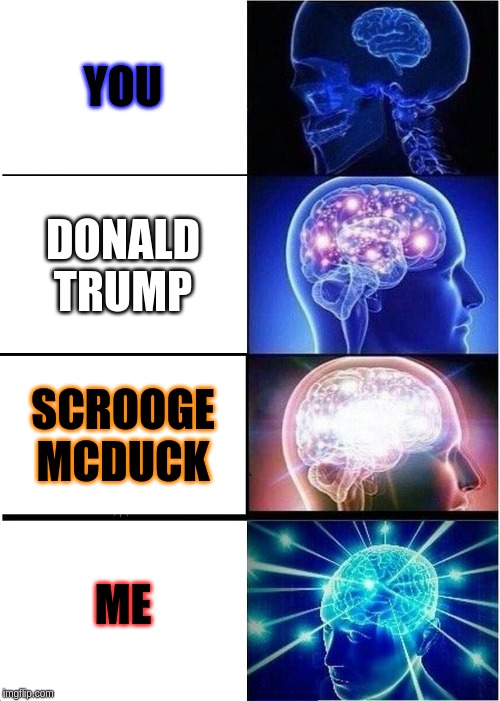 Expanding Brain | YOU; DONALD TRUMP; SCROOGE MCDUCK; ME | image tagged in memes,expanding brain | made w/ Imgflip meme maker