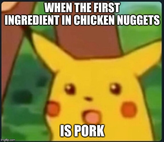 Surprised Pikachu | WHEN THE FIRST INGREDIENT IN CHICKEN NUGGETS; IS PORK | image tagged in surprised pikachu | made w/ Imgflip meme maker