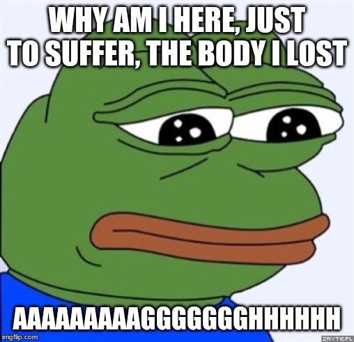 sad frog | WHY AM I HERE, JUST TO SUFFER, THE BODY I LOST; AAAAAAAAAGGGGGGGHHHHHH | image tagged in sad frog | made w/ Imgflip meme maker