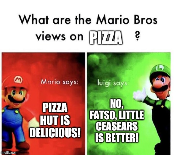 Mario Bros. Fight Over Which Pizza Brand Is Better | PIZZA; PIZZA HUT IS DELICIOUS! NO, FATSO, LITTLE CEASEARS IS BETTER! | image tagged in mario bros views | made w/ Imgflip meme maker