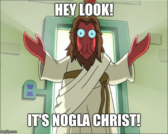 Basically, the Vanoss Christmas Deathrun in a nutshell. | HEY LOOK! IT'S NOGLA CHRIST! | image tagged in memes,zoidberg jesus,daithi de nogla | made w/ Imgflip meme maker