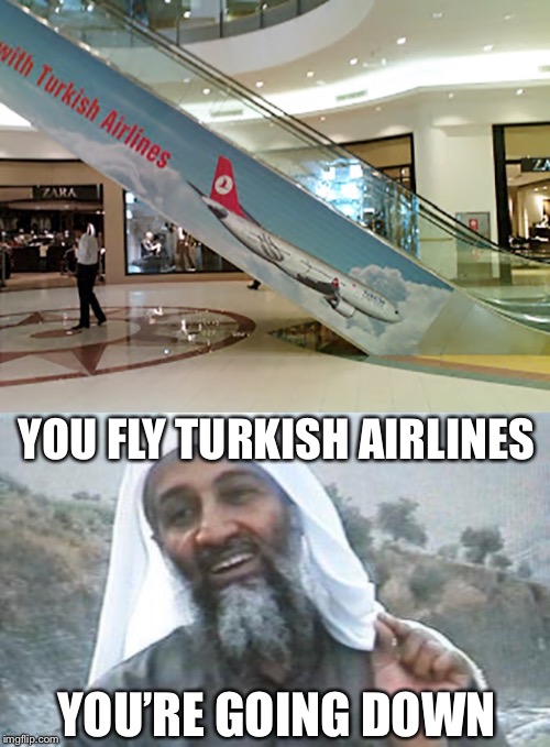 ISIS gonna shoot you down | YOU FLY TURKISH AIRLINES; YOU’RE GOING DOWN | image tagged in osama bin laden aspec | made w/ Imgflip meme maker