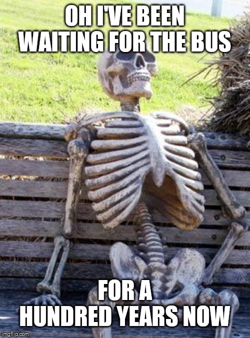 Waiting Skeleton Meme | OH I'VE BEEN WAITING FOR THE BUS; FOR A HUNDRED YEARS NOW | image tagged in memes,waiting skeleton | made w/ Imgflip meme maker