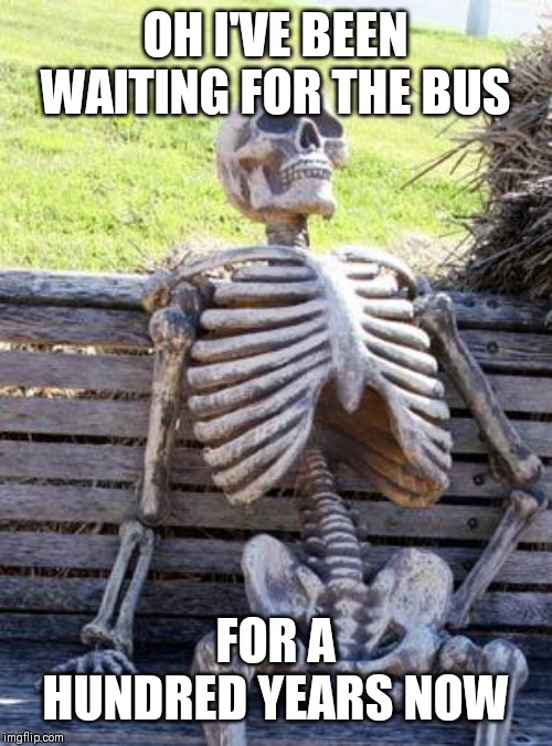 Waiting Skeleton | OH I'VE BEEN WAITING FOR THE BUS; FOR A HUNDRED YEARS NOW | image tagged in memes,waiting skeleton | made w/ Imgflip meme maker