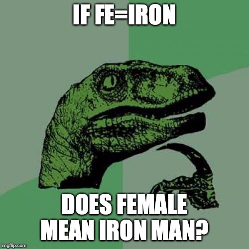 Philosoraptor | IF FE=IRON; DOES FEMALE MEAN IRON MAN? | image tagged in memes,philosoraptor | made w/ Imgflip meme maker