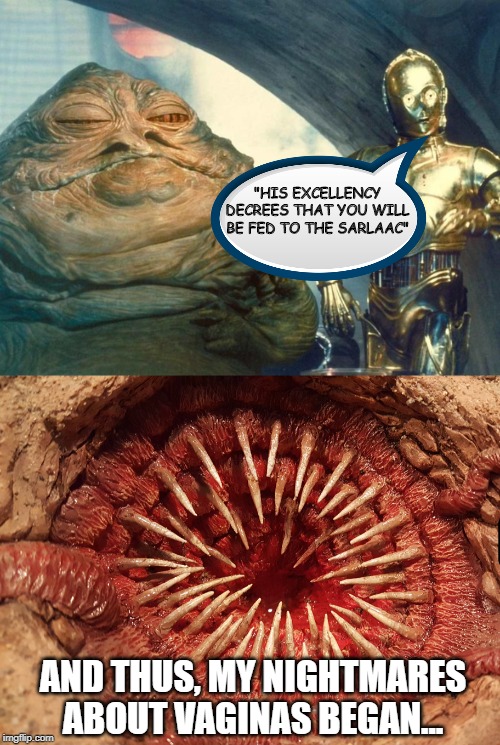 Didn't Need that in my Head | "HIS EXCELLENCY DECREES THAT YOU WILL BE FED TO THE SARLAAC"; AND THUS, MY NIGHTMARES ABOUT VAGINAS BEGAN... | image tagged in star wars | made w/ Imgflip meme maker