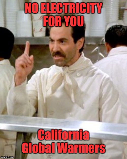 No Soup For You | NO ELECTRICITY FOR YOU California Global Warmers | image tagged in no soup for you | made w/ Imgflip meme maker