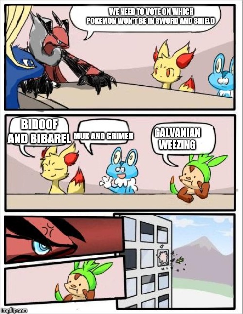 Pokemon board meeting | WE NEED TO VOTE ON WHICH POKEMON WON'T BE IN SWORD AND SHIELD; BIDOOF AND BIBAREL; GALVANIAN WEEZING; MUK AND GRIMER | image tagged in pokemon board meeting | made w/ Imgflip meme maker