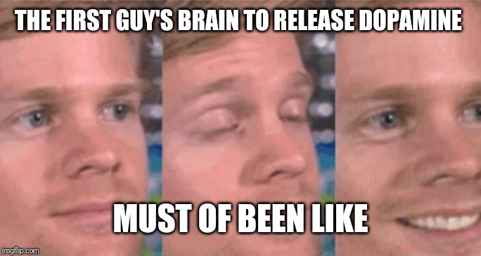 The first guy to | THE FIRST GUY'S BRAIN TO RELEASE DOPAMINE; MUST OF BEEN LIKE | image tagged in the first guy to | made w/ Imgflip meme maker