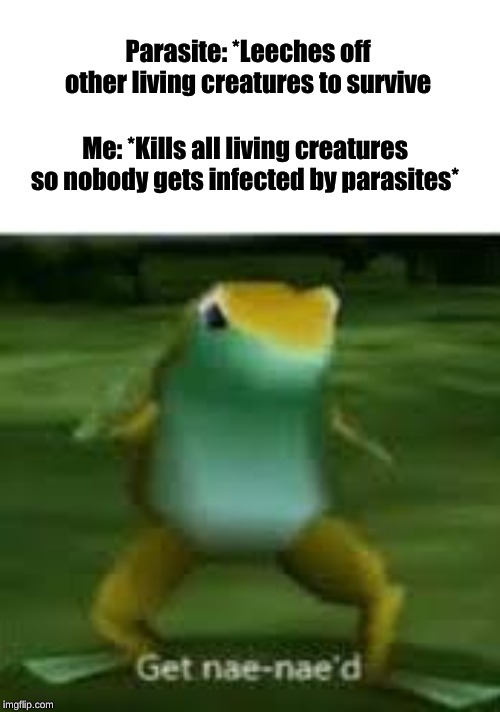 Solution to parasites | Parasite: *Leeches off other living creatures to survive; Me: *Kills all living creatures so nobody gets infected by parasites* | image tagged in memes,get nae-nae'd,sarcasm,genius | made w/ Imgflip meme maker
