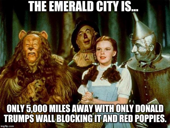 Wizard of oz | THE EMERALD CITY IS... ONLY 5,000 MILES AWAY WITH ONLY DONALD TRUMPS WALL BLOCKING IT AND RED POPPIES. | image tagged in wizard of oz | made w/ Imgflip meme maker