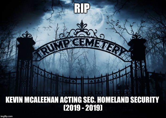 RIP Kevin McAleenan | RIP; KEVIN MCALEENAN ACTING SEC. HOMELAND SECURITY 
(2019 - 2019) | image tagged in rip,kevin mcaleenan,homeland security,trump administration,resignation,trump cemetery | made w/ Imgflip meme maker