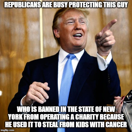 Swindler-in-chief | REPUBLICANS ARE BUSY PROTECTING THIS GUY; WHO IS BANNED IN THE STATE OF NEW YORK FROM OPERATING A CHARITY BECAUSE HE USED IT TO STEAL FROM KIDS WITH CANCER | image tagged in donal trump birthday,impeach trump,conservative logic | made w/ Imgflip meme maker