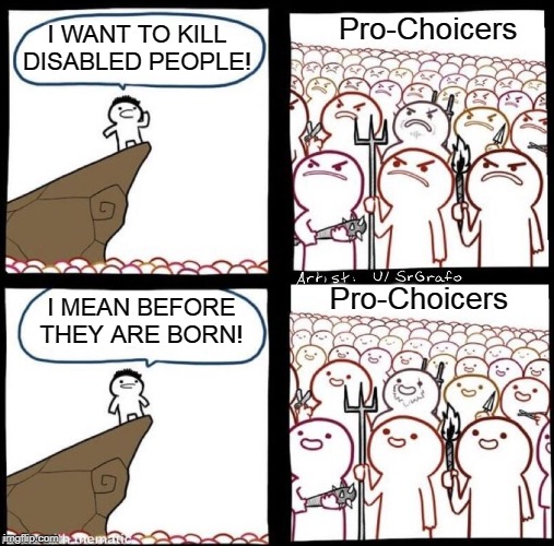 Or within a couple hours of them being born... | Pro-Choicers; I WANT TO KILL DISABLED PEOPLE! I MEAN BEFORE THEY ARE BORN! Pro-Choicers | image tagged in angry mob meme,abortion,pro-choice,down syndrome,memes,disabled | made w/ Imgflip meme maker