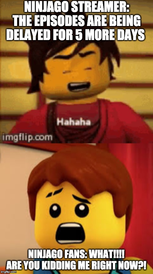 GAAAA | NINJAGO STREAMER: THE EPISODES ARE BEING DELAYED FOR 5 MORE DAYS; NINJAGO FANS: WHAT!!!! ARE YOU KIDDING ME RIGHT NOW?! | image tagged in ninjago | made w/ Imgflip meme maker