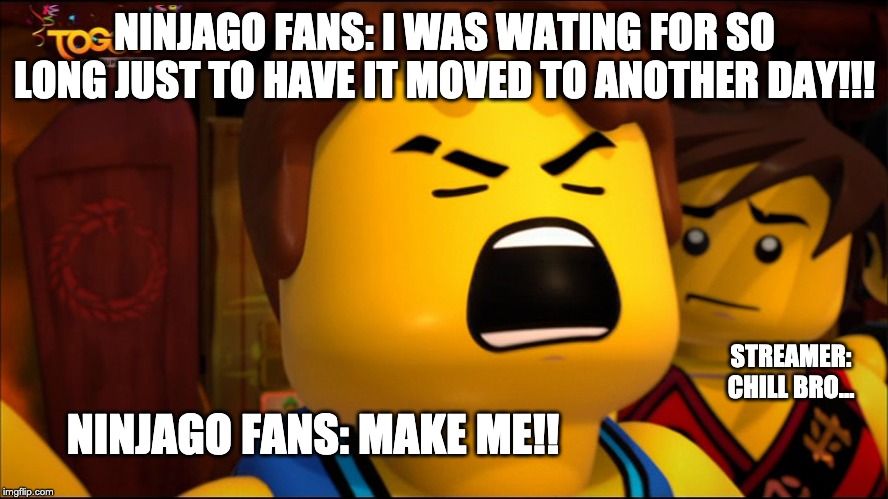 Waiting for the next season 11 episodes to come out | NINJAGO FANS: I WAS WATING FOR SO LONG JUST TO HAVE IT MOVED TO ANOTHER DAY!!! STREAMER: CHILL BRO... NINJAGO FANS: MAKE ME!! | image tagged in ninjago | made w/ Imgflip meme maker