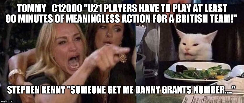 woman yelling at cat | TOMMY_C12000 "U21 PLAYERS HAVE TO PLAY AT LEAST 90 MINUTES OF MEANINGLESS ACTION FOR A BRITISH TEAM!"; STEPHEN KENNY "SOMEONE GET ME DANNY GRANTS NUMBER...." | image tagged in woman yelling at cat | made w/ Imgflip meme maker