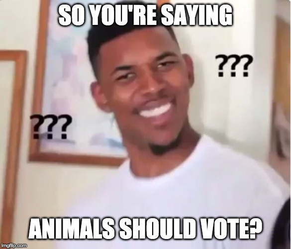 confused nigga | SO YOU'RE SAYING ANIMALS SHOULD VOTE? | image tagged in confused nigga | made w/ Imgflip meme maker