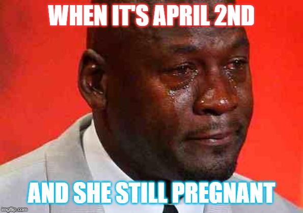 April fools? | WHEN IT'S APRIL 2ND; AND SHE STILL PREGNANT | image tagged in crying michael jordan,april fools,memes | made w/ Imgflip meme maker