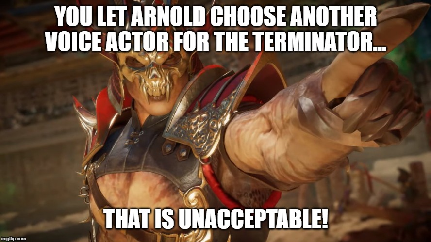 Shao Kahn Disapproves of Terminator VA | YOU LET ARNOLD CHOOSE ANOTHER VOICE ACTOR FOR THE TERMINATOR... THAT IS UNACCEPTABLE! | image tagged in shao kahn | made w/ Imgflip meme maker