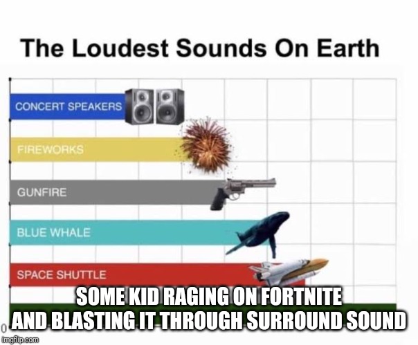 The Loudest Sounds on Earth | SOME KID RAGING ON FORTNITE AND BLASTING IT THROUGH SURROUND SOUND | image tagged in the loudest sounds on earth | made w/ Imgflip meme maker