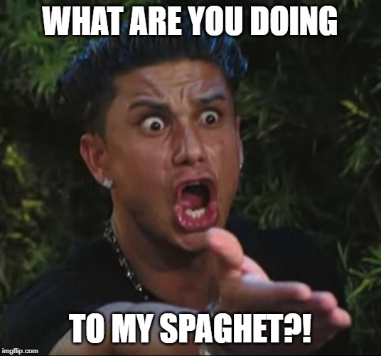 DJ Pauly D Meme | WHAT ARE YOU DOING; TO MY SPAGHET?! | image tagged in memes,dj pauly d | made w/ Imgflip meme maker