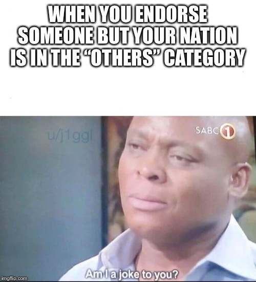 am I a joke to you | WHEN YOU ENDORSE SOMEONE BUT YOUR NATION IS IN THE “OTHERS” CATEGORY | image tagged in am i a joke to you | made w/ Imgflip meme maker