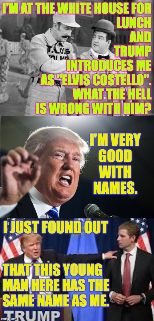 Melanie mentioned it to him. | I'M AT THE WHITE HOUSE FOR
LUNCH
AND
TRUMP
INTRODUCES ME
AS "ELVIS COSTELLO".
WHAT THE HELL
IS WRONG WITH HIM? I'M VERY
GOOD
WITH
NAMES. I JUST FOUND OUT; THAT THIS YOUNG
MAN HERE HAS THE
SAME NAME AS ME. | image tagged in donald trump,abbott and costello who's on first | made w/ Imgflip meme maker