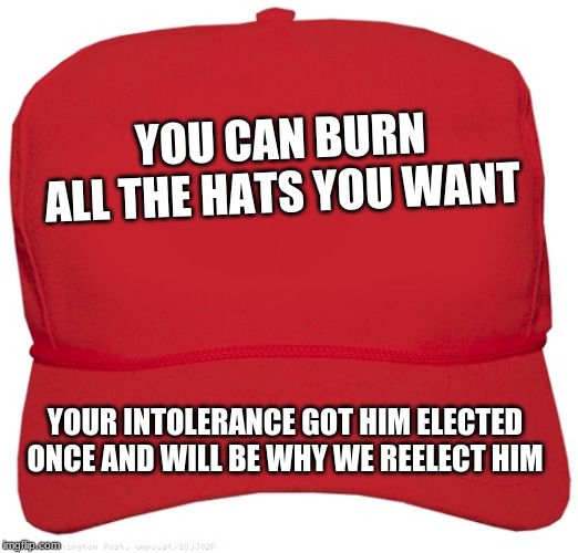 MAGA hats do not vote but I do | YOU CAN BURN ALL THE HATS YOU WANT; YOUR INTOLERANCE GOT HIM ELECTED ONCE AND WILL BE WHY WE REELECT HIM | image tagged in blank red maga hat,trump 2020,maga,democrats the hate party,bite me antifa,trump for president for life | made w/ Imgflip meme maker