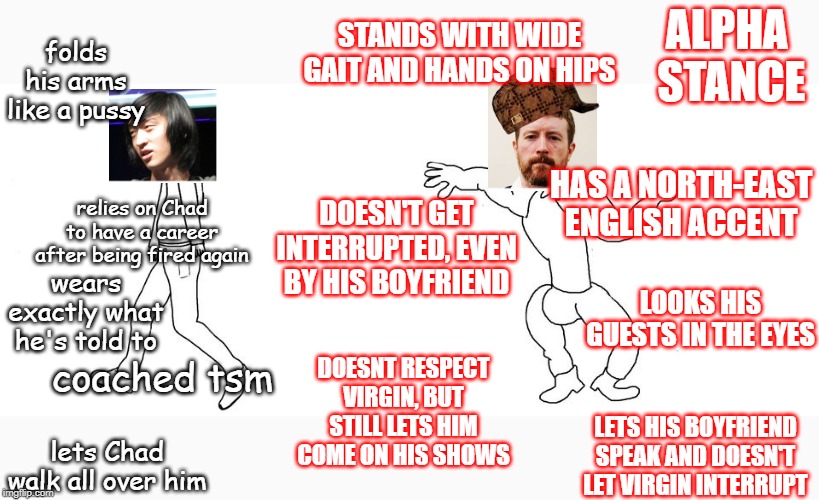 Virgin vs Chad | STANDS WITH WIDE GAIT AND HANDS ON HIPS; folds his arms like a pussy; ALPHA  STANCE; HAS A NORTH-EAST ENGLISH ACCENT; DOESN'T GET INTERRUPTED, EVEN BY HIS BOYFRIEND; relies on Chad to have a career after being fired again; wears exactly what he's told to; LOOKS HIS GUESTS IN THE EYES; DOESNT RESPECT VIRGIN, BUT STILL LETS HIM COME ON HIS SHOWS; coached tsm; LETS HIS BOYFRIEND SPEAK AND DOESN'T LET VIRGIN INTERRUPT; lets Chad walk all over him | image tagged in virgin vs chad | made w/ Imgflip meme maker