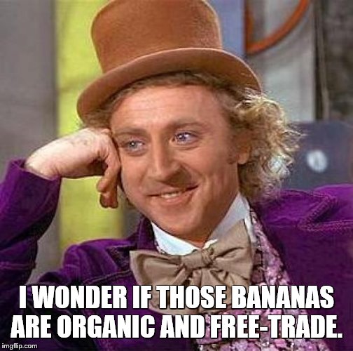Creepy Condescending Wonka Meme | I WONDER IF THOSE BANANAS ARE ORGANIC AND FREE-TRADE. | image tagged in memes,creepy condescending wonka | made w/ Imgflip meme maker
