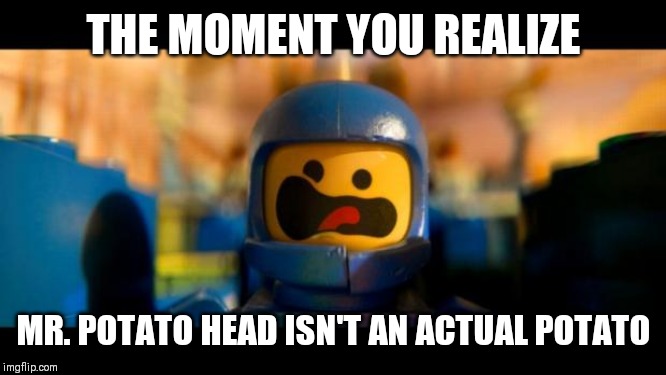 Lego movie benny | THE MOMENT YOU REALIZE; MR. POTATO HEAD ISN'T AN ACTUAL POTATO | image tagged in lego movie benny | made w/ Imgflip meme maker